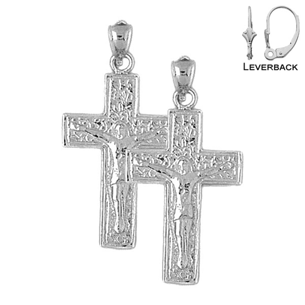 Sterling Silver 34mm Vine Crucifix Earrings (White or Yellow Gold Plated)