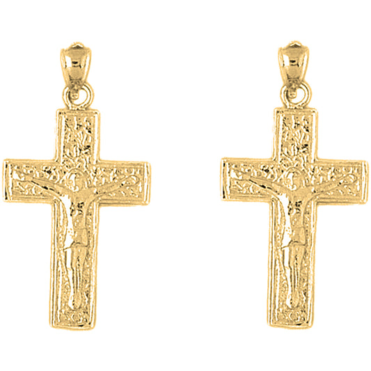 Yellow Gold-plated Silver 34mm Vine Crucifix Earrings