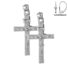 Sterling Silver 36mm INRI Crucifix Earrings (White or Yellow Gold Plated)