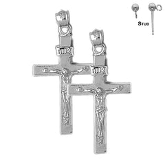 Sterling Silver 36mm INRI Crucifix Earrings (White or Yellow Gold Plated)
