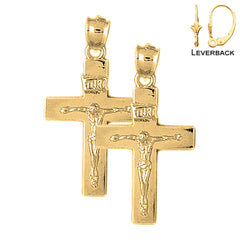 Sterling Silver 36mm INRI Crucifix Earrings (White or Yellow Gold Plated)