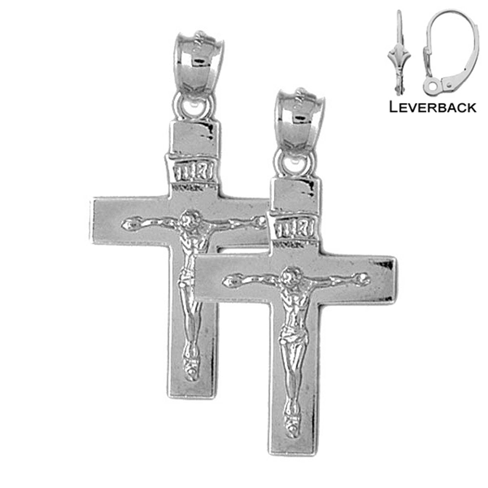 Sterling Silver 36mm INRI Crucifix Earrings (White or Yellow Gold Plated)