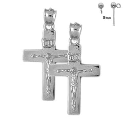 Sterling Silver 36mm INRI Crucifix Earrings (White or Yellow Gold Plated)