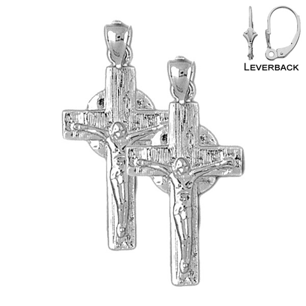 Sterling Silver 32mm Glory Crucifix Earrings (White or Yellow Gold Plated)