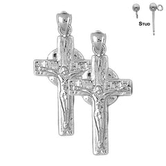 Sterling Silver 32mm Glory Crucifix Earrings (White or Yellow Gold Plated)