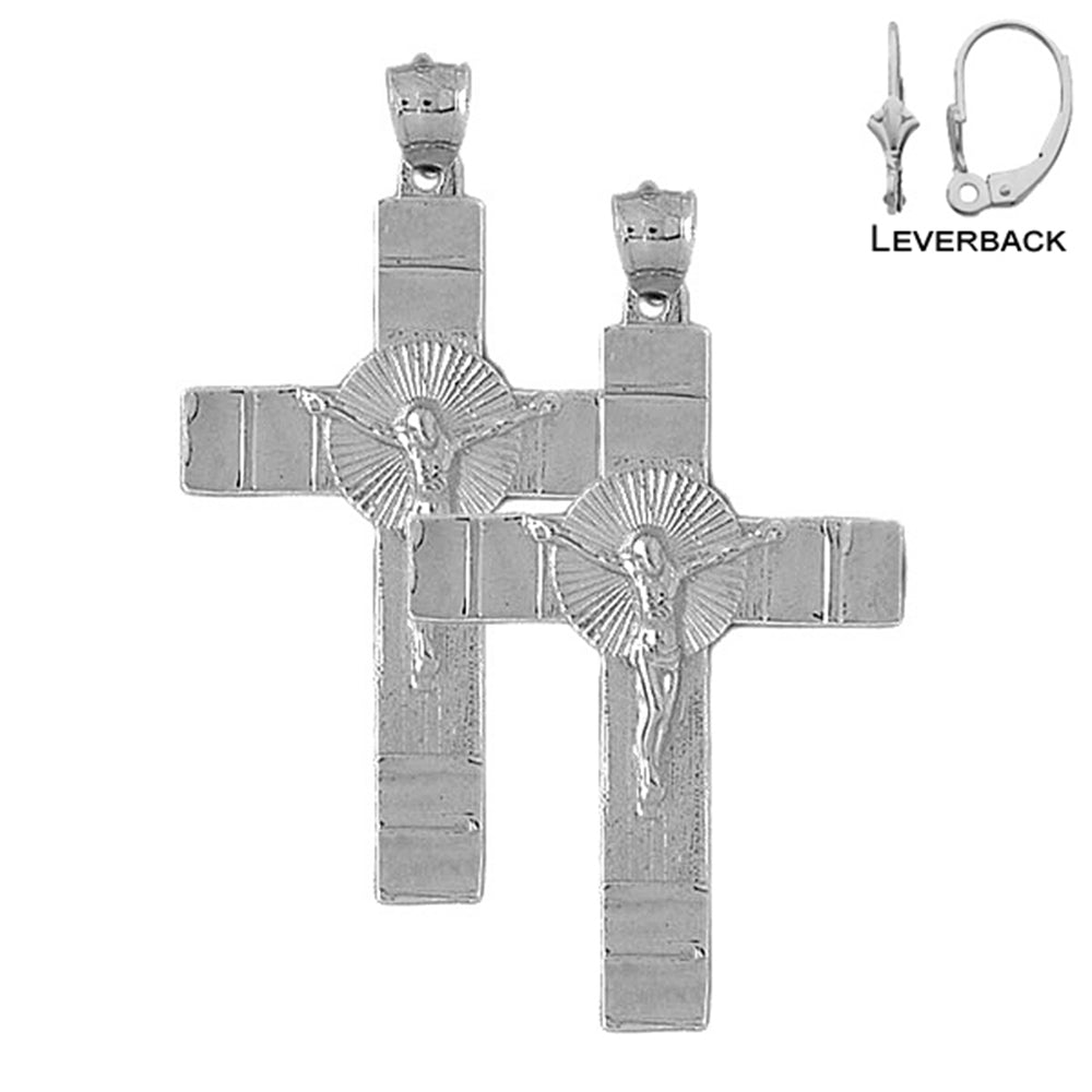 Sterling Silver 55mm Glory Crucifix Earrings (White or Yellow Gold Plated)