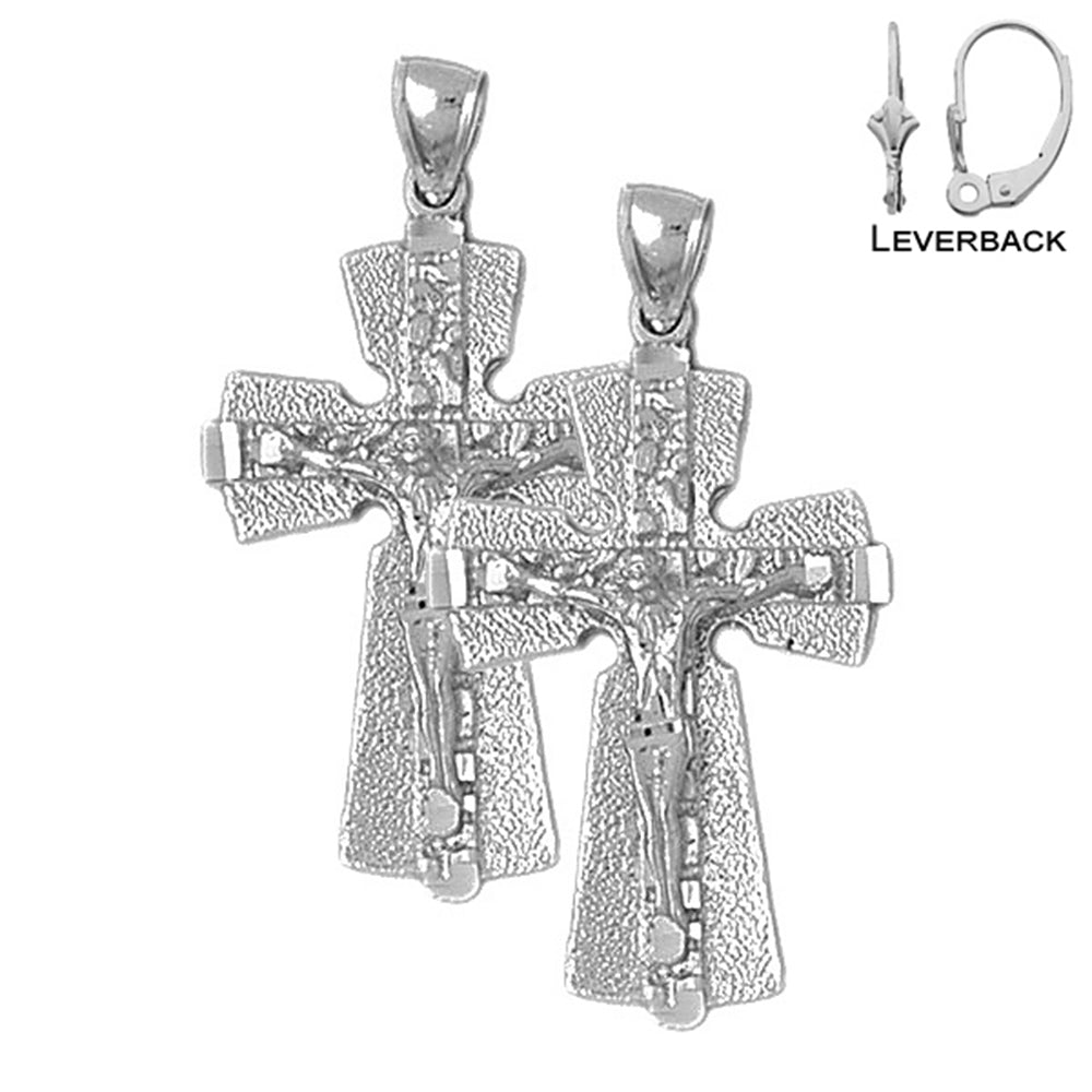 Sterling Silver 43mm Nugget Crucifix Earrings (White or Yellow Gold Plated)