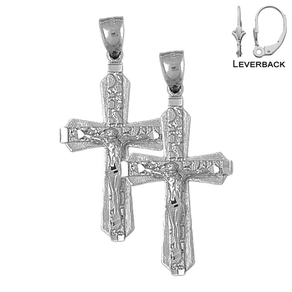 Sterling Silver 47mm Nugget Crucifix Earrings (White or Yellow Gold Plated)