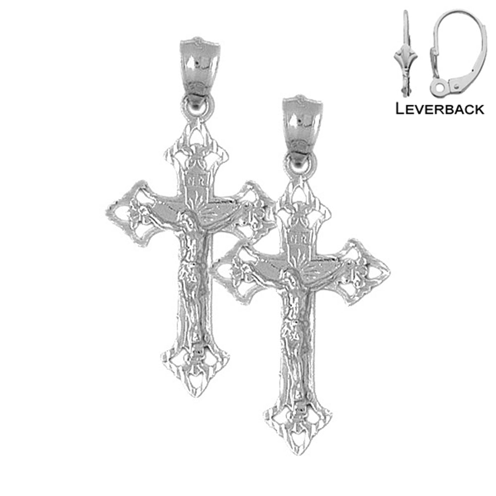 Sterling Silver 45mm Budded Crucifix Earrings (White or Yellow Gold Plated)