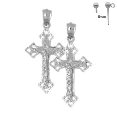 Sterling Silver 45mm Budded Crucifix Earrings (White or Yellow Gold Plated)