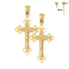 Sterling Silver 45mm Budded Crucifix Earrings (White or Yellow Gold Plated)