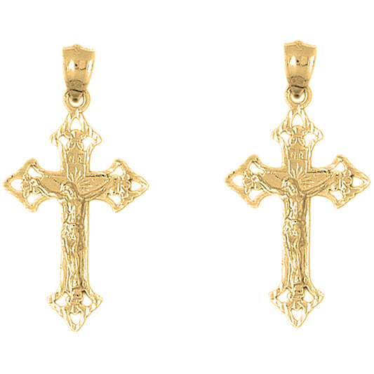 Yellow Gold-plated Silver 45mm Budded Crucifix Earrings