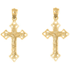 Yellow Gold-plated Silver 45mm Budded Crucifix Earrings