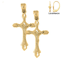 Sterling Silver 41mm Budded Crucifix Earrings (White or Yellow Gold Plated)