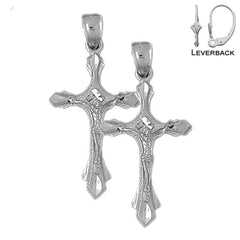 Sterling Silver 41mm Budded Crucifix Earrings (White or Yellow Gold Plated)