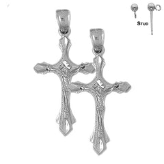 Sterling Silver 41mm Budded Crucifix Earrings (White or Yellow Gold Plated)