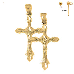 Sterling Silver 41mm Budded Crucifix Earrings (White or Yellow Gold Plated)