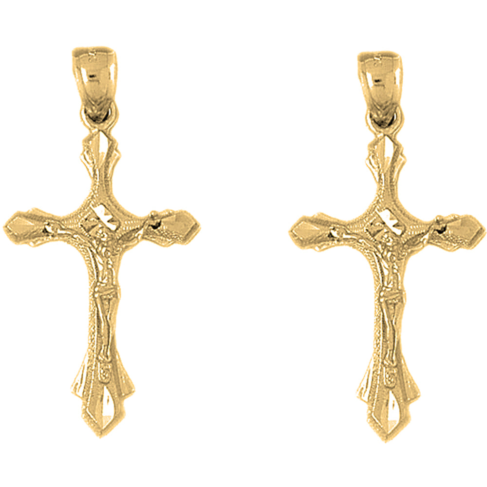 Yellow Gold-plated Silver 41mm Budded Crucifix Earrings