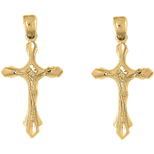 Yellow Gold-plated Silver 41mm Budded Crucifix Earrings