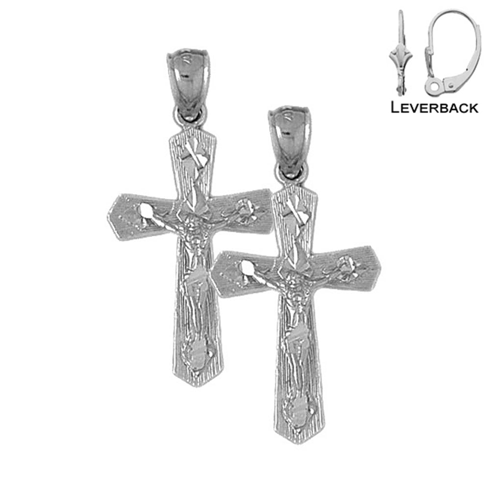 Sterling Silver 37mm Passion Crucifix Earrings (White or Yellow Gold Plated)