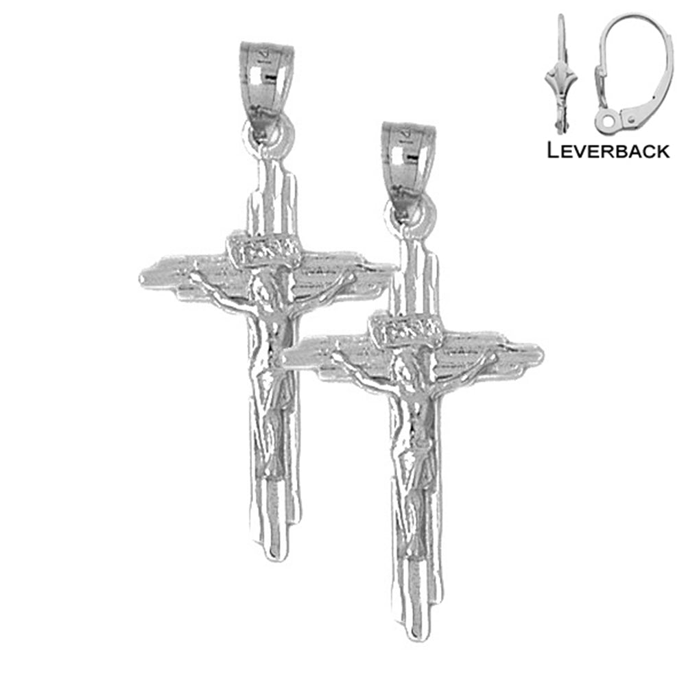 Sterling Silver 31mm INRI Crucifix Earrings (White or Yellow Gold Plated)