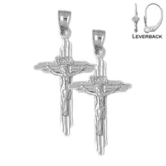 Pendientes de crucifijo INRI de plata de ley de 31 mm (chapados en oro blanco o amarillo)