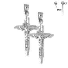 Sterling Silver 31mm INRI Crucifix Earrings (White or Yellow Gold Plated)
