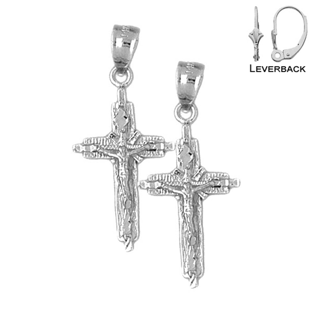 Sterling Silver 37mm Latin Crucifix Earrings (White or Yellow Gold Plated)