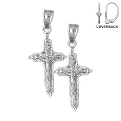 Sterling Silver 37mm Latin Crucifix Earrings (White or Yellow Gold Plated)