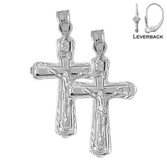 Sterling Silver 34mm INRI Crucifix Earrings (White or Yellow Gold Plated)