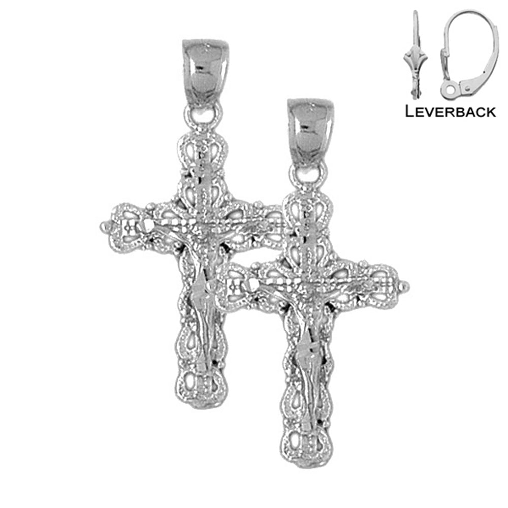 Sterling Silver 35mm Budded Crucifix Earrings (White or Yellow Gold Plated)