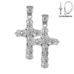 Sterling Silver 35mm Budded Crucifix Earrings (White or Yellow Gold Plated)