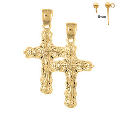 Sterling Silver 35mm Budded Crucifix Earrings (White or Yellow Gold Plated)