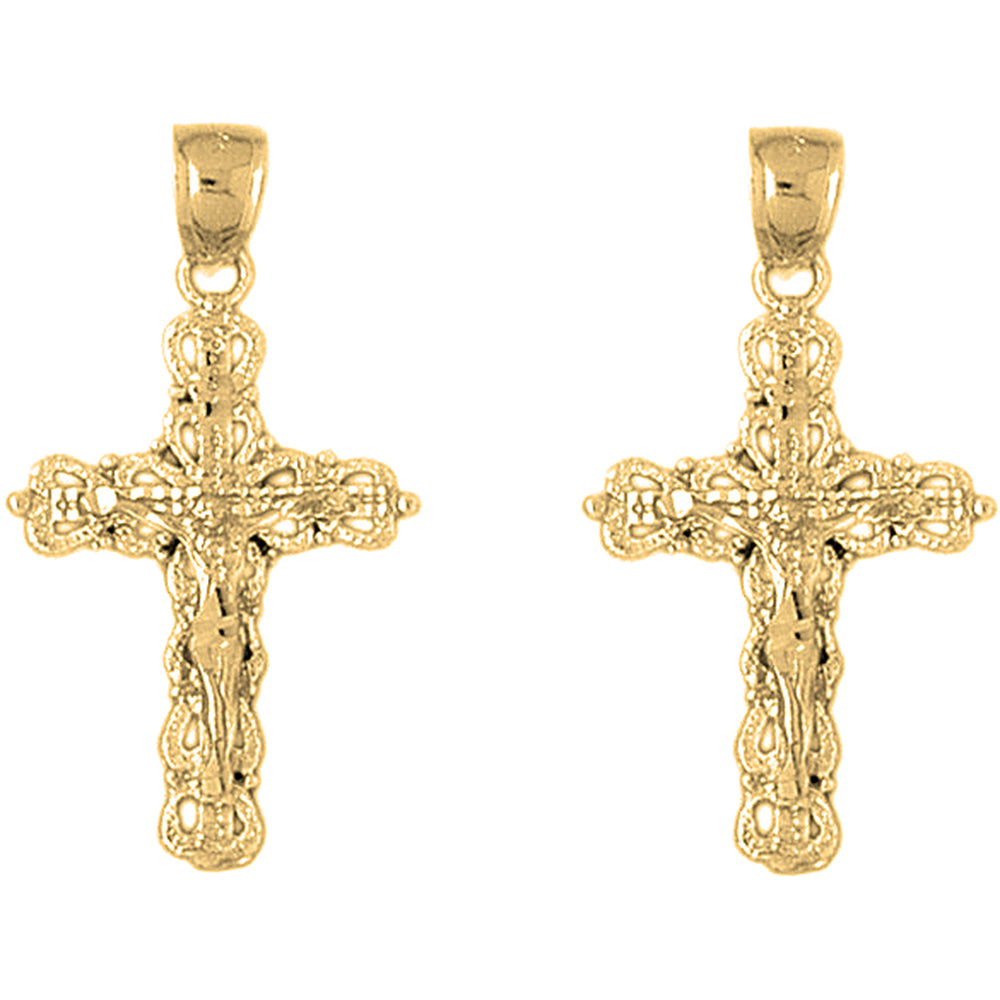 Yellow Gold-plated Silver 35mm Budded Crucifix Earrings