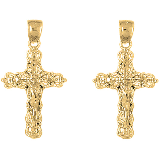 Yellow Gold-plated Silver 35mm Budded Crucifix Earrings