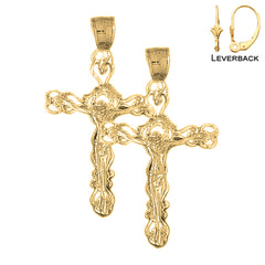 Sterling Silver 43mm Budded Crucifix Earrings (White or Yellow Gold Plated)