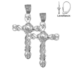 Sterling Silver 43mm Budded Crucifix Earrings (White or Yellow Gold Plated)