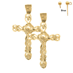 Sterling Silver 43mm Budded Crucifix Earrings (White or Yellow Gold Plated)