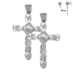 Sterling Silver 43mm Budded Crucifix Earrings (White or Yellow Gold Plated)