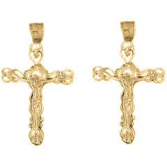 Yellow Gold-plated Silver 43mm Budded Crucifix Earrings