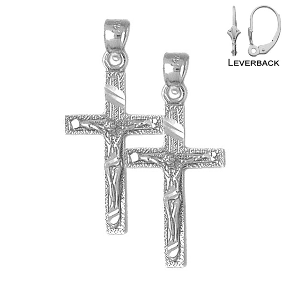 Sterling Silver 33mm Latin Crucifix Earrings (White or Yellow Gold Plated)