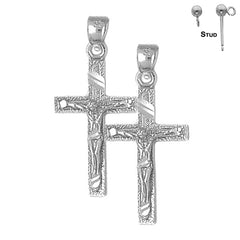 Sterling Silver 33mm Latin Crucifix Earrings (White or Yellow Gold Plated)