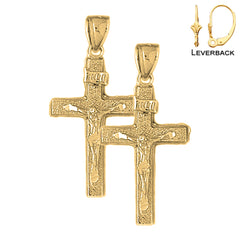 Sterling Silver 38mm INRI Crucifix Earrings (White or Yellow Gold Plated)