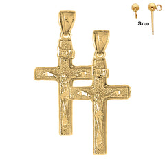 Sterling Silver 38mm INRI Crucifix Earrings (White or Yellow Gold Plated)