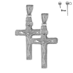 Sterling Silver 38mm INRI Crucifix Earrings (White or Yellow Gold Plated)