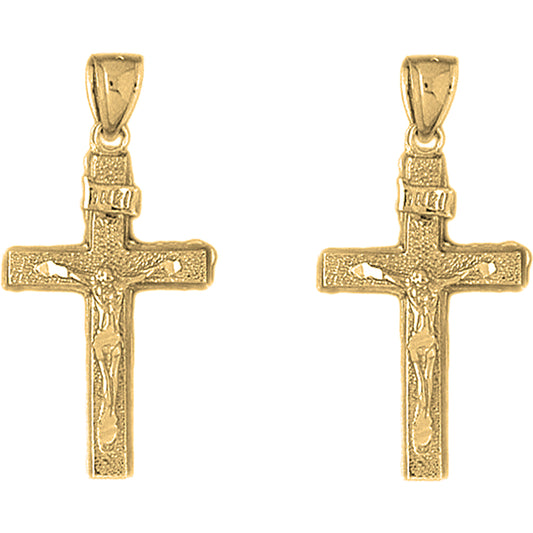Yellow Gold-plated Silver 38mm INRI Crucifix Earrings