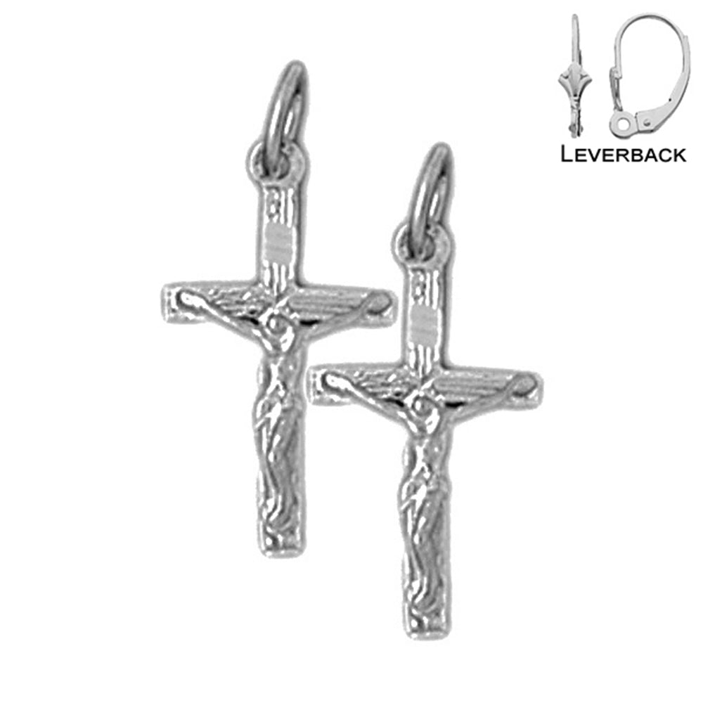 Sterling Silver 21mm Latin Crucifix Earrings (White or Yellow Gold Plated)