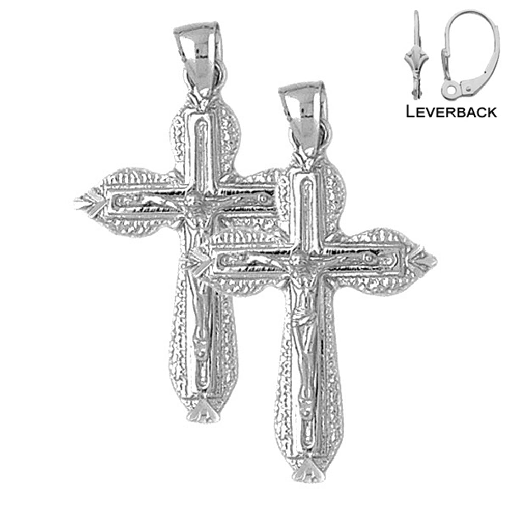 Sterling Silver 40mm Budded Crucifix Earrings (White or Yellow Gold Plated)