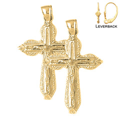 Sterling Silver 40mm Budded Crucifix Earrings (White or Yellow Gold Plated)