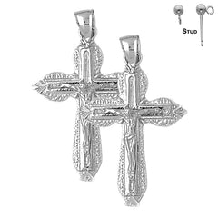 Sterling Silver 40mm Budded Crucifix Earrings (White or Yellow Gold Plated)